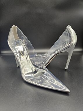 Good American Clear PVC Stiletto Heels Silver Pointed Toe Pumps Size 9.5